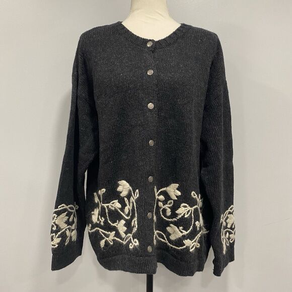 VTG 90s OLD NAVY XL Gray Cardigan 100% Wool Sweater Floral Cottagecore Deadstock - Picture 1 of 16